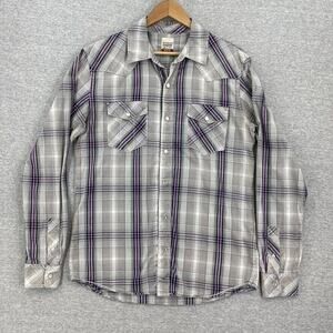 Levi Pearl Snap Shirt Mens Medium Gray Purple Plaid Western Long Sleeve Cowboy
